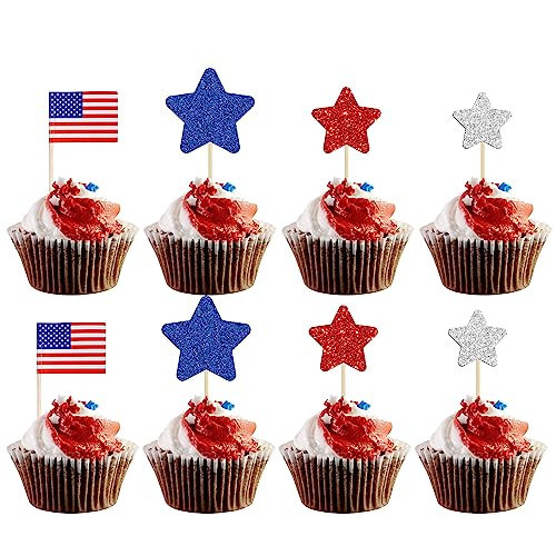 Gyufise 136Pcs American Flag Patriotic Cupcake Toppers 4th of July Double Sides Glitter Star Cupcake Toppers Cake Toppers Picks Independence Day Cupcake Party Decorations Supplies Favors | Amazon (US)