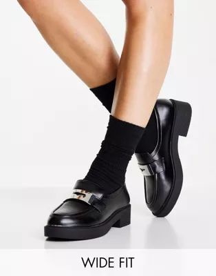 ASOS DESIGN Wide Fit Macrone trim loafer flat shoes in black | ASOS (Global)
