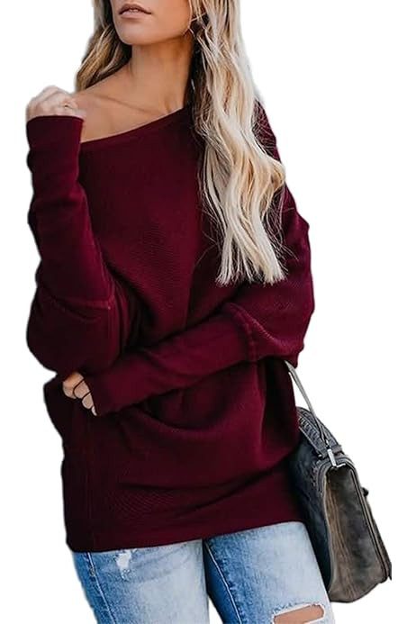OmicGot Women's Off The Shoulder Long Sleeve Pullover Knit Jumper Baggy Solid Sweater | Amazon (US)