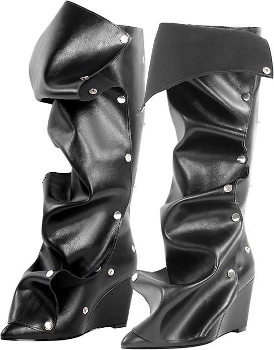 Women's Wedge Heel Knee High Slouchy Foldover Buttons Boots | Amazon (US)