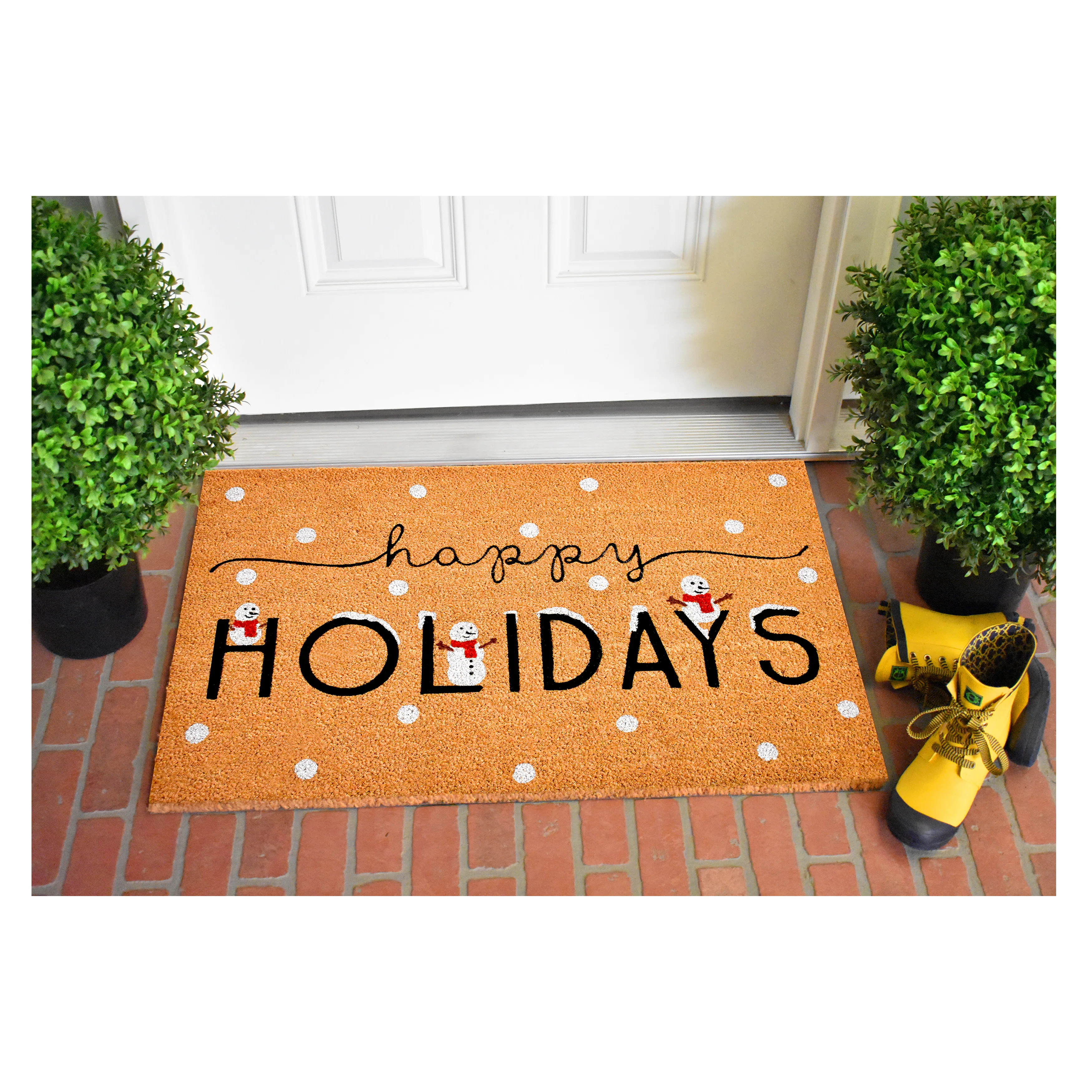 Natural Black and White Coir Happy Holidays Outdoor Christmas Door Mat | Wayfair North America