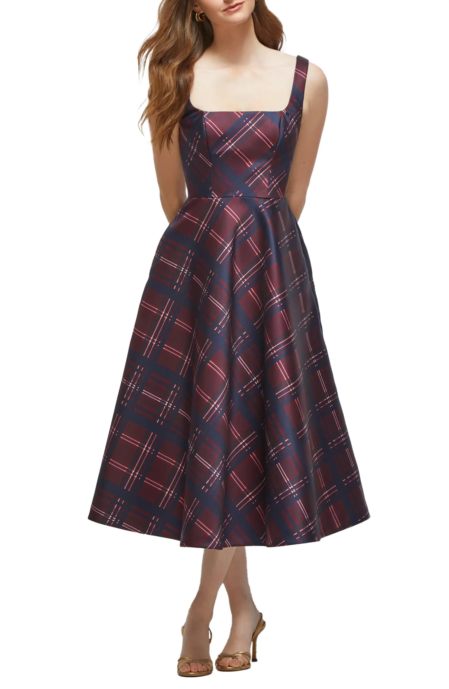 Alba Tartan Square Neck Midi Cocktail Dress | Nordstrom