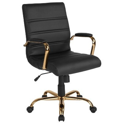 Merrick Lane Contemporary Mid-Back Black Faux Leather Home Office Chair with Padded Gold Arms | Target