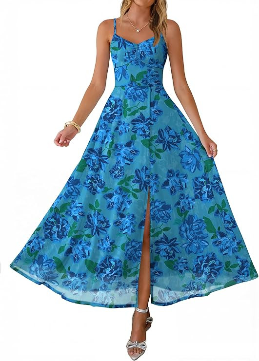 Caracilia Women's Summer Maxi Dresses Floral Mesh Spaghetti Strap Split Formal Wedding Guest Cock... | Amazon (US)