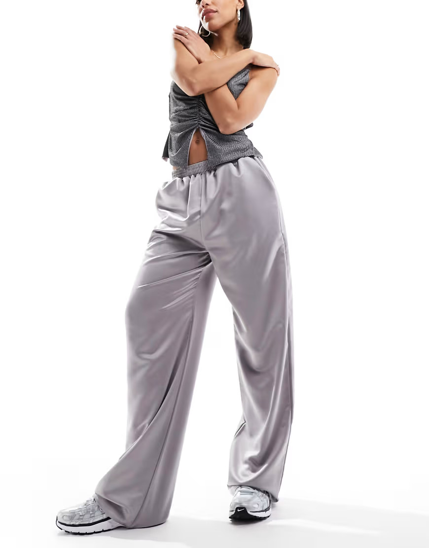 Reclaimed Vintage satin pull on trouser in silver | ASOS (Global)