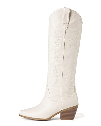 ZXHYZLZ Cream Cowboy Boots For Women -Wide Calf Knee High Cowgirl Boots Botas Vaqueras Para Mujer Slip On Pointed Toe Thick Heel western Tall Boots Great For Country Concerts and Parties Size 9.5 | Amazon (US)
