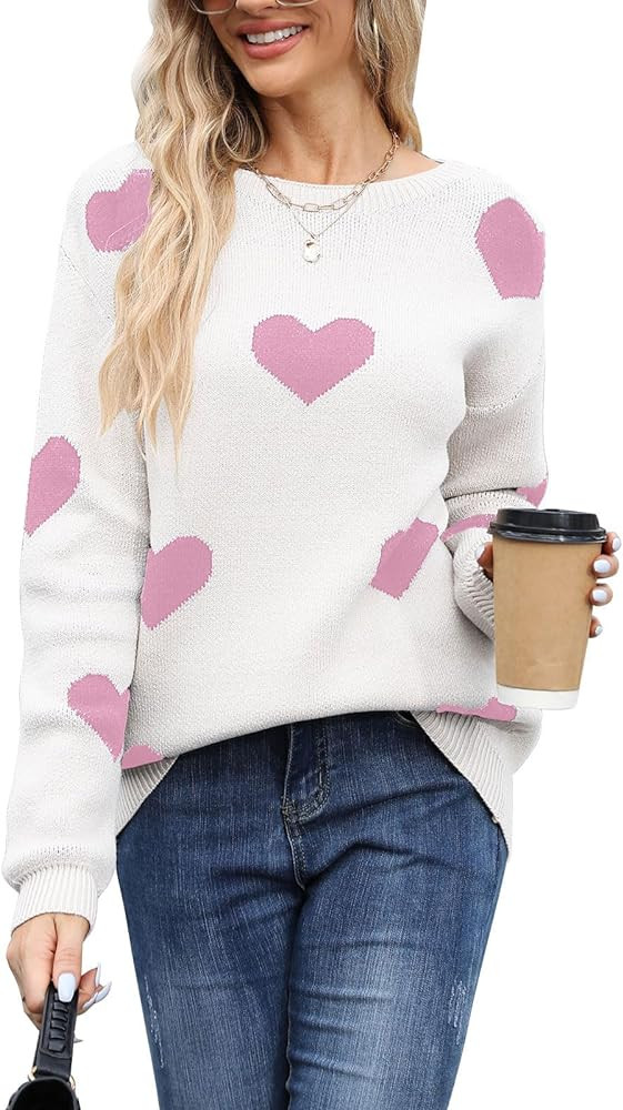 Women's Pullover Sweaters Long Sleeve Crew Neck Cute Multi-Hearts Knitted Casual Sweater | Amazon (US)