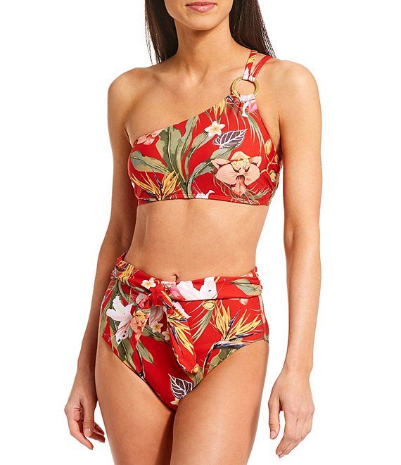 Tropical Floral Ring One Shoulder Swim Top & Tie Front High Waisted Swim Bottom | Dillard's