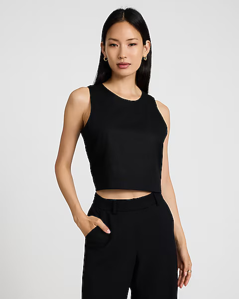 Linen-blend Crew Neck Button Back Tank | Express