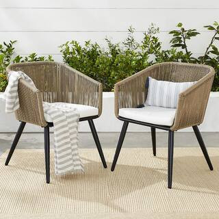 Set of 2 Indoor Outdoor Patio Dining Chairs Woven Wicker Seating Set - Natural/Ivory | The Home Depot