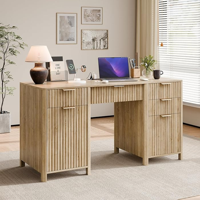 58" Fluted Home Office Desks with Storage, Modern Executive Desk Computer Desks with 5 Drawers & ... | Amazon (US)