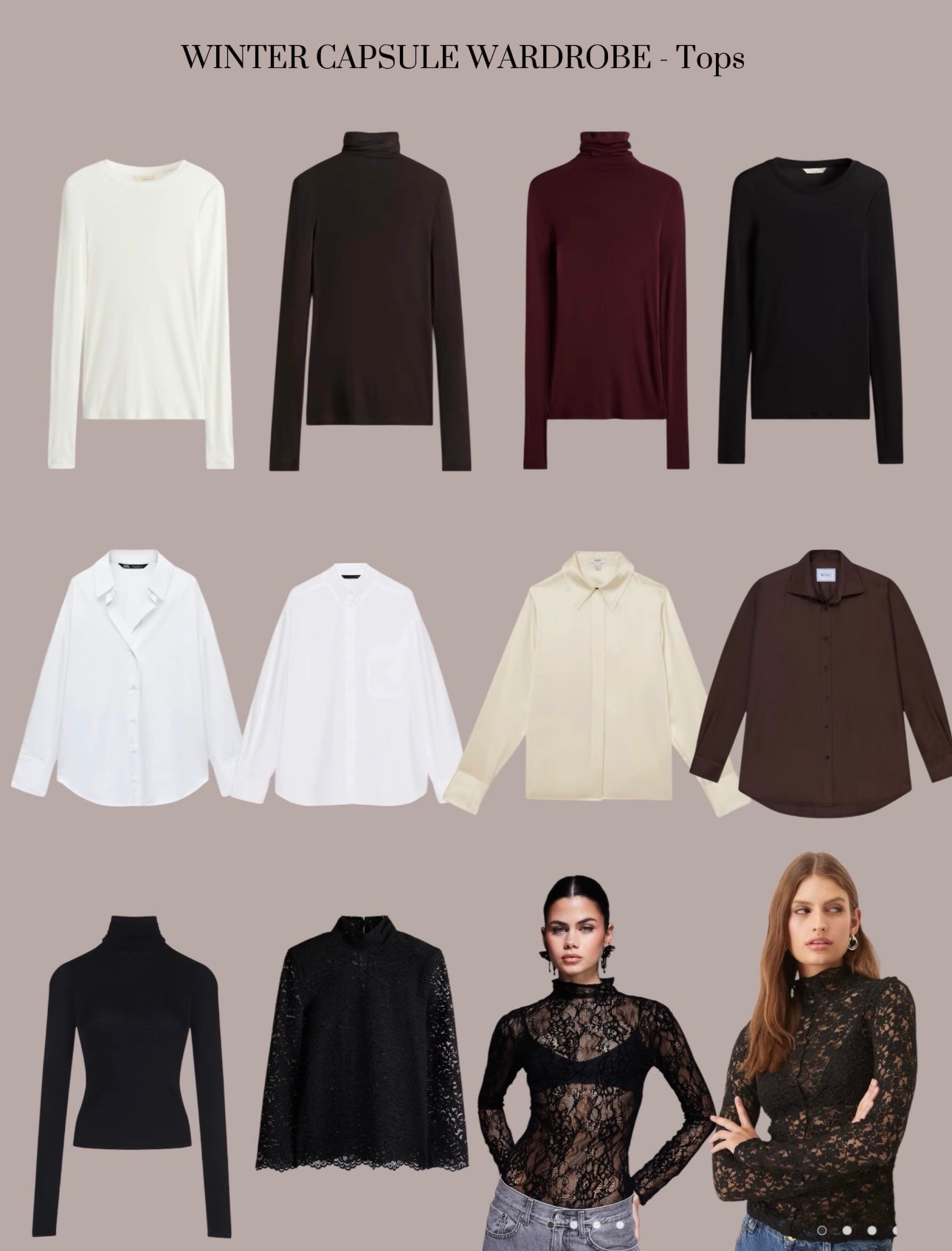 WINTER CAPSULE WARDROBE - Part 4 Tops 

These are my top six most worn style tops, a white shirt, a pima cotton base layer roll neck and crew, a silk or satin shirt, a lace top or bodysuit and a sheer black top.  These are the ones I reach for time after time whether as a base layer, a going out top or a shirt - timeless classics that you will have in your wardrobe year after year ❤️

#LTKwinter #LTKover50style #LTKstyletip