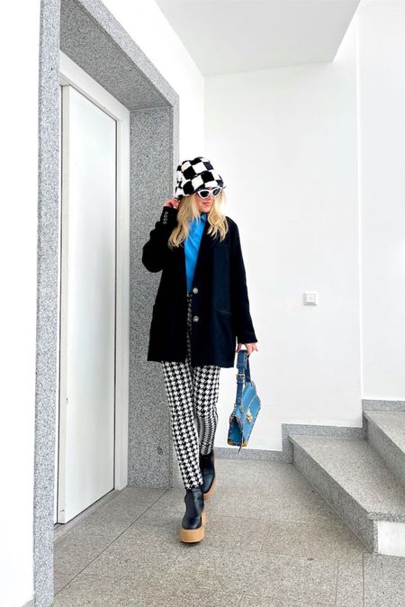 Check Board Print. Fashion Blogger Girl by Style Blog Heartfelt Hunt. Girl with blond hair wearing a check board print hat, white cat-eye sunglasses, oversized blazer, blue polo top, houndstooth pants, blue Louis Vuitton vintage bag and chunky boots. #colorfuloutfit #colorfulstyle #colorfulfashion #colorfullooks #fashionfun #cutespringoutfit #springfashion2023 #springlookbook #fitcheck #dailylooks #dailylookbook #contentcreator #microinfluencer #discoverunder20k