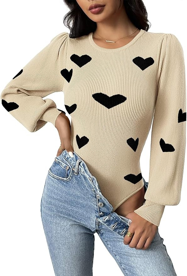Zeagoo Women 2024 Long Puff Sleeve Sweater Fall Slim Fit Pullover Tops Crewneck Ribbed Knit Bodys... | Amazon (US)