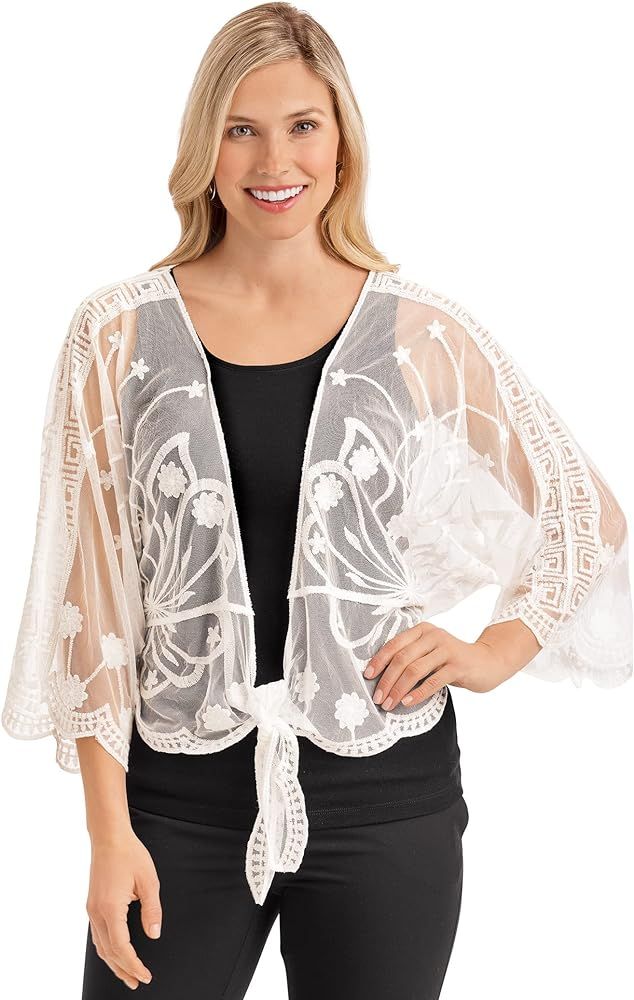 Collections Etc Beautiful Embroidered Sheer Tie-Waist Layering Jacket | Amazon (US)