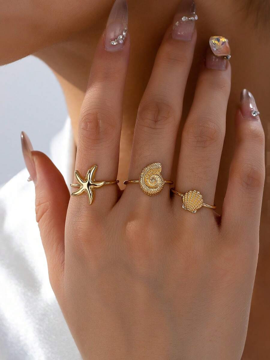 3pcs Starfish Ring Set With Seashell And Scallop Rings, Women's Jewelry Accessories | SHEIN