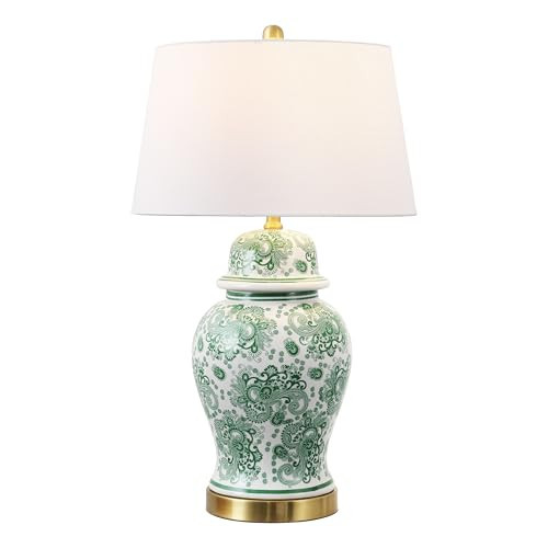 JONATHAN Y JYL3008D Ellis 29.5" Ceramic LED Table Lamp, Hand-Painted Green & White Ginger Jar Nightstand Lamp with White Linen Drum Shade, Traditional Bedside Lamp for Living Room, LED Bulb Included | Amazon (US)