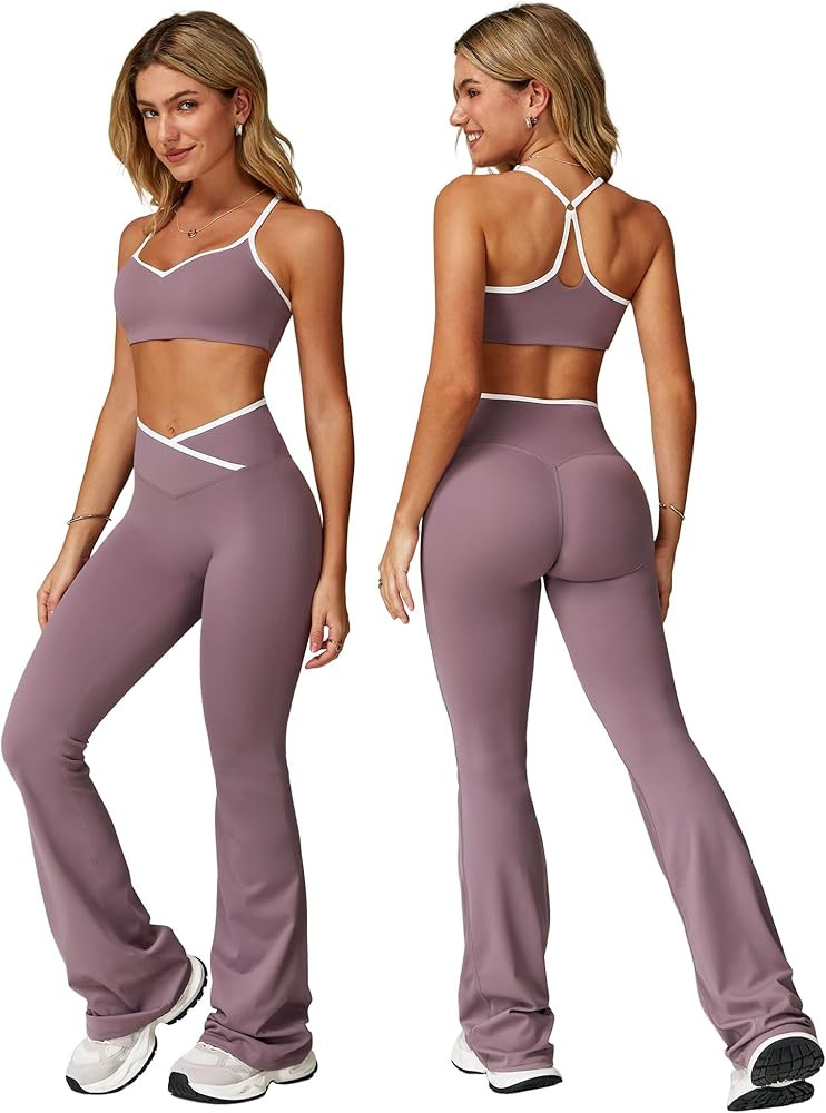 ABOCIW Workout Sets for Women 2 Piece Color Block Strappy Sports Bra High Waist Shorts Gym Yoga P... | Amazon (US)