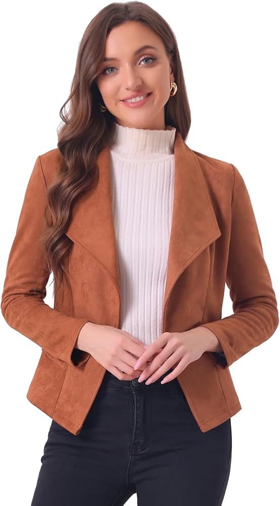 Allegra K Women's Faux Suede Jacket Open Front Lapel Draped Outwear Jacket Blazer | Amazon (US)