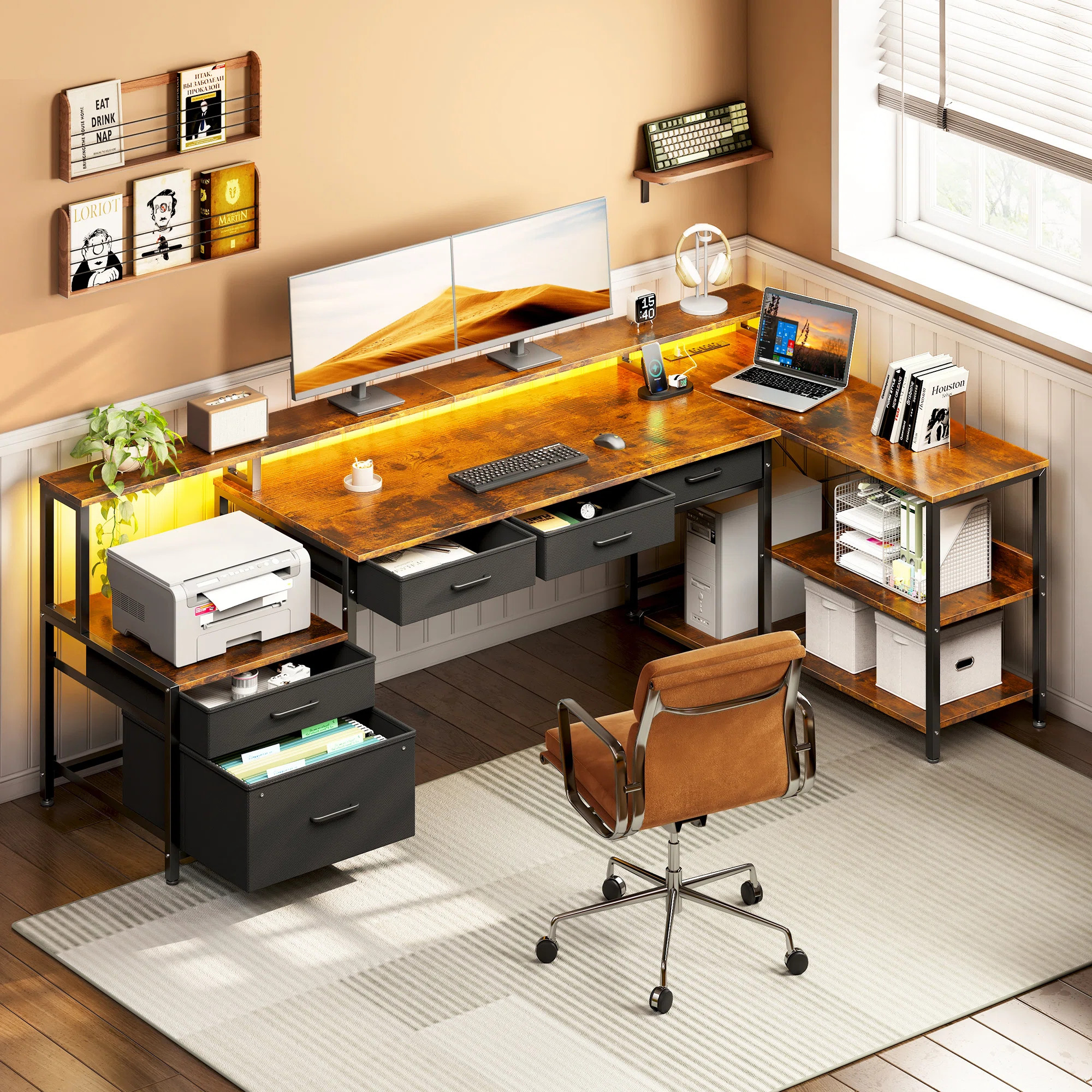 L-shaped Desk With Under-desk Drawers,computer Desk With Cabinet ,reversible Desk Power Sockets &... | Wayfair North America
