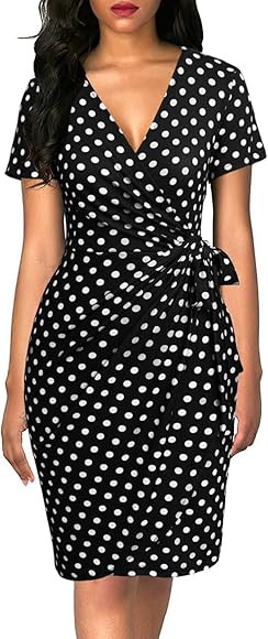 Lyrur Women's Classic V-Neck Casual Party Knee Length Sheath Work Short Sleeve Faux Black Wrap Dr... | Amazon (CA)
