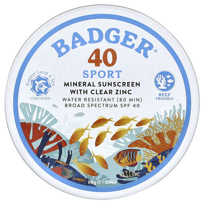 Badger, Sport, Mineral Sunscreen with Clear Zinc, SPF 40, Unscented, 2.4 oz (68 g) | iHerb