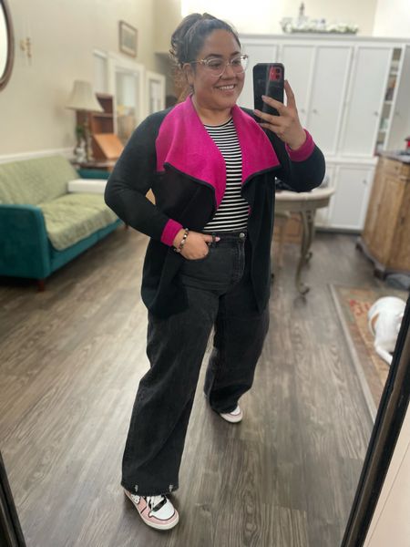 Spring Outfit Formula: black jacket + stripe top + black jeans + colorful shoe

Black with hot pink Ralf Lauren cardigan 

Stripe top

Extra High-Waisted Wide-Leg Jeans on clearance, I wear a size 16 petite 

Hello Kitty by Sanrio Women's Pink Casual Court Sneakers, i wear a size 7

#LTKshoecrush #LTKmidsize #LTKstyletip