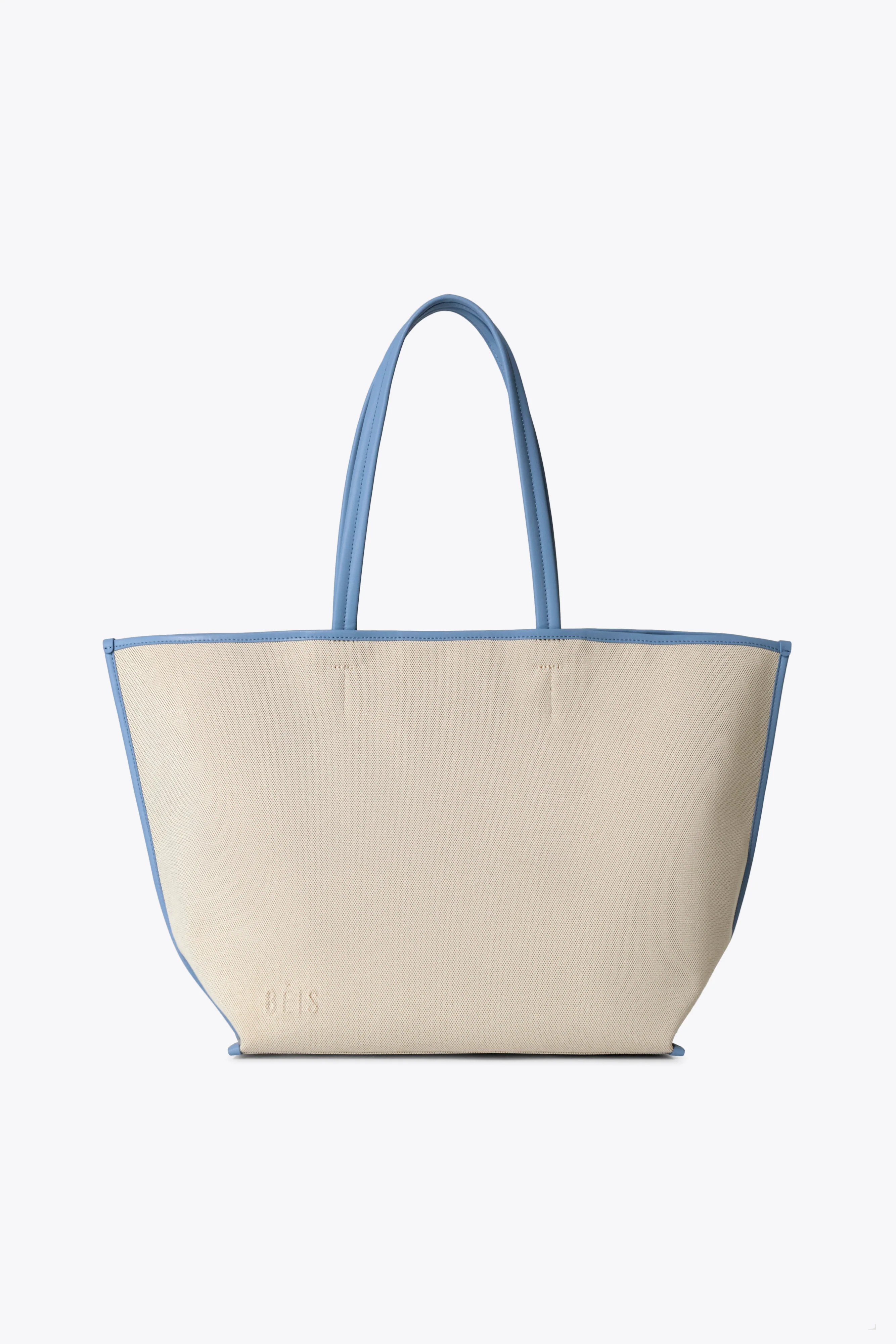 BÉIS ‘The Canvas and Leather Tote’ in Dusty Blue - Beige Travel Tote with Blue Leather Trim | BEIS