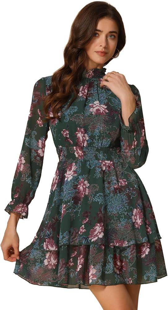 Allegra K Women's Floral Dress Chiffon Long Sleeve Mock Neck Ruffle Layered Smocked Mini Dresses | Amazon (US)