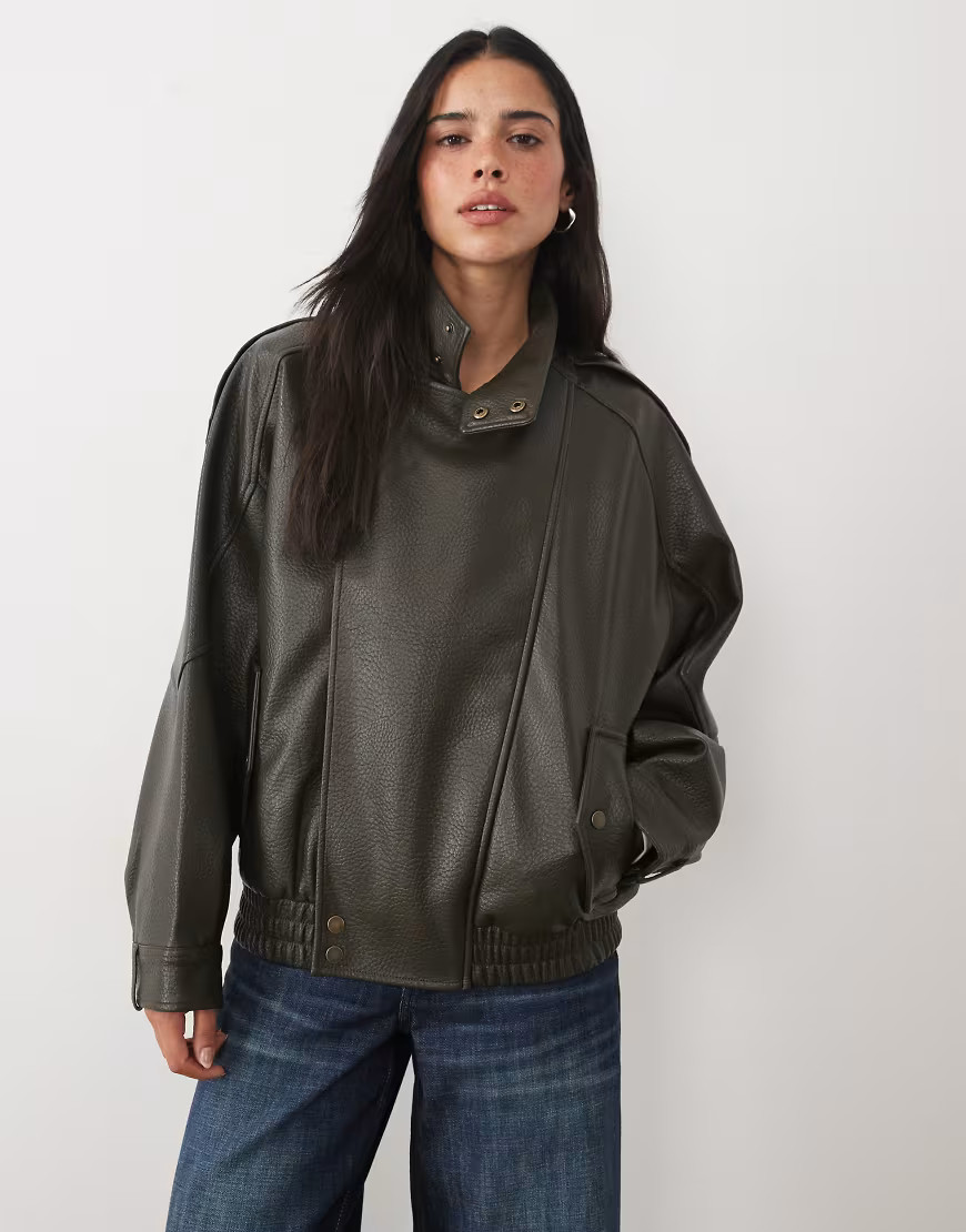 Abercrombie & Fitch oversized faux leather bomber jacket in khaki green | ASOS (Global)