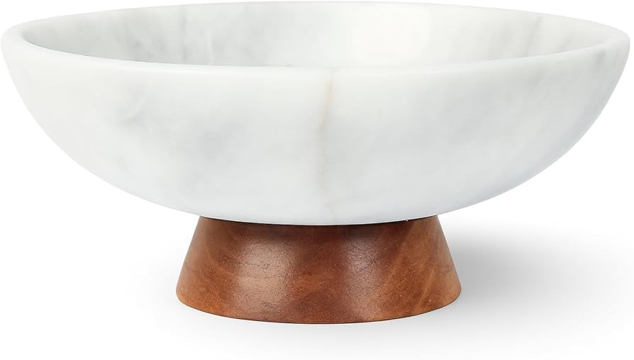 UMAID White Marble Decorative Bowl with Wood Pedestal \u2013 10" Handcrafted Marble Centerpiece, ... | Amazon (US)