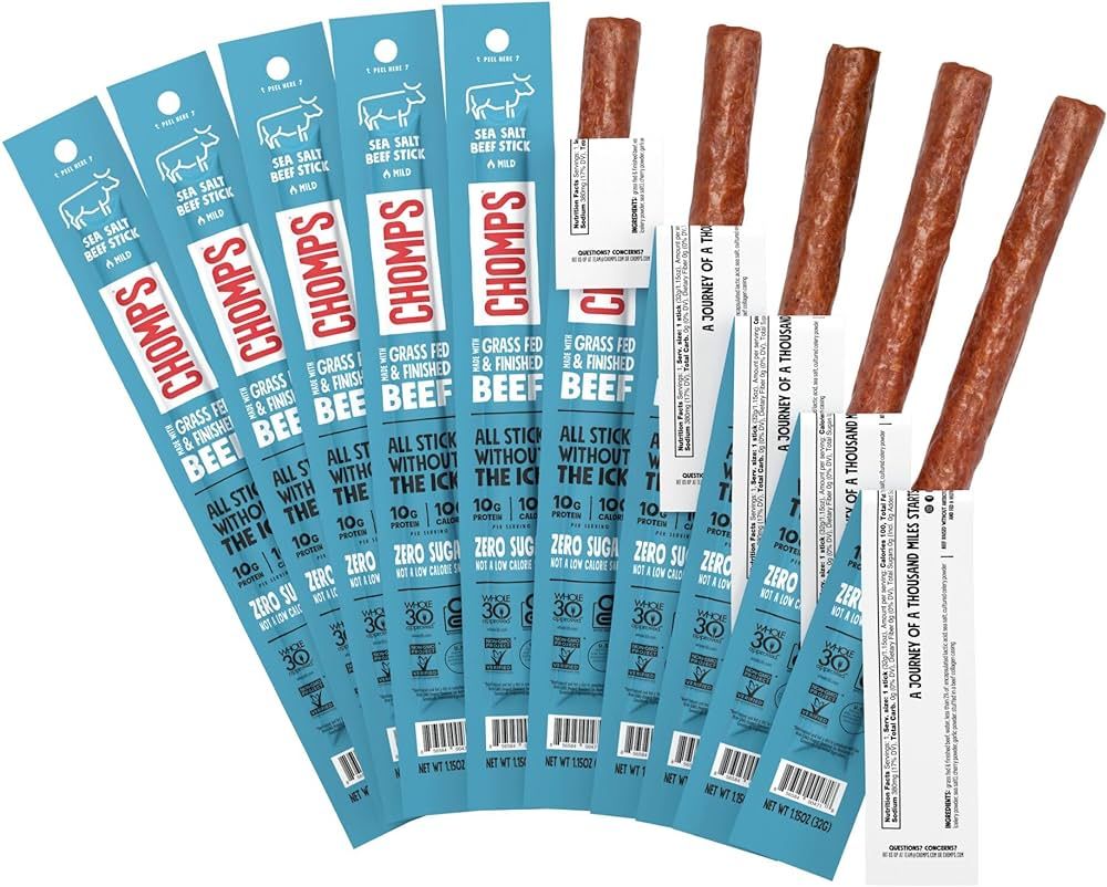 Chomps Grass-Fed and Finished Sea Salt Beef Jerky Snack Sticks 10-Pack - Keto, Paleo, Whole30, 10... | Amazon (US)
