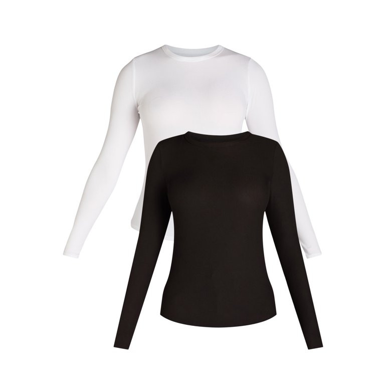 No Boundaries Ribbed Crewneck Tee with Long Sleeves, 1 or 2-Pack, Women's - Walmart.com | Walmart (US)