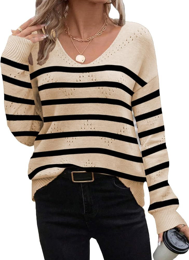 Zeagoo Womens Sweaters Fall Trendy Casual Long Sleeve Shirt Lightweight V Neck Off Shoulder Croch... | Amazon (US)