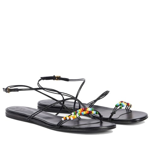 MAIJED Beaded Flat Sandals for Women Open Toe Strappy Ankle Buckle Slingback Flats Summer Beach Casual Daily Flat Shoes Black US7.5 | Amazon (US)