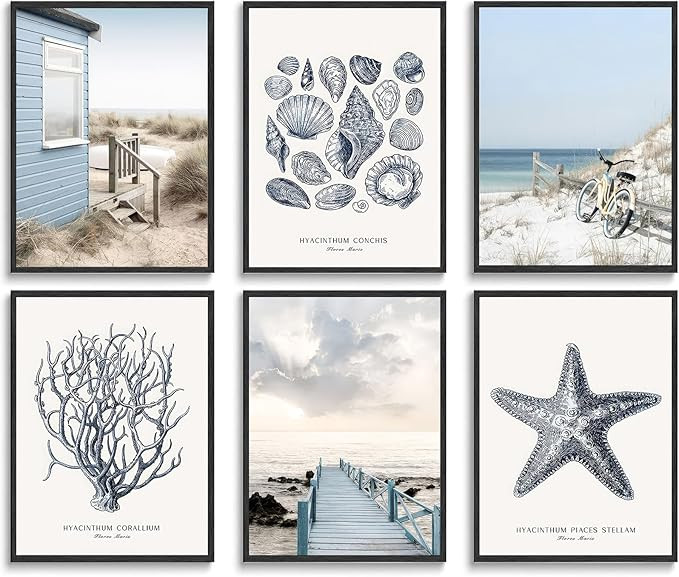 6Pcs Blue Beach Wall Art Preppy Beach Hut Wall Decor Pictures Ocean Boho Reed Starfish Conch Cora... | Amazon (US)