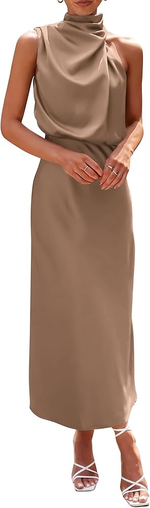 PRETTYGARDEN Women's 2025 Summer Satin Dress Elegant Sleeveless Mock Neck Cocktail Party Maxi Dre... | Amazon (US)