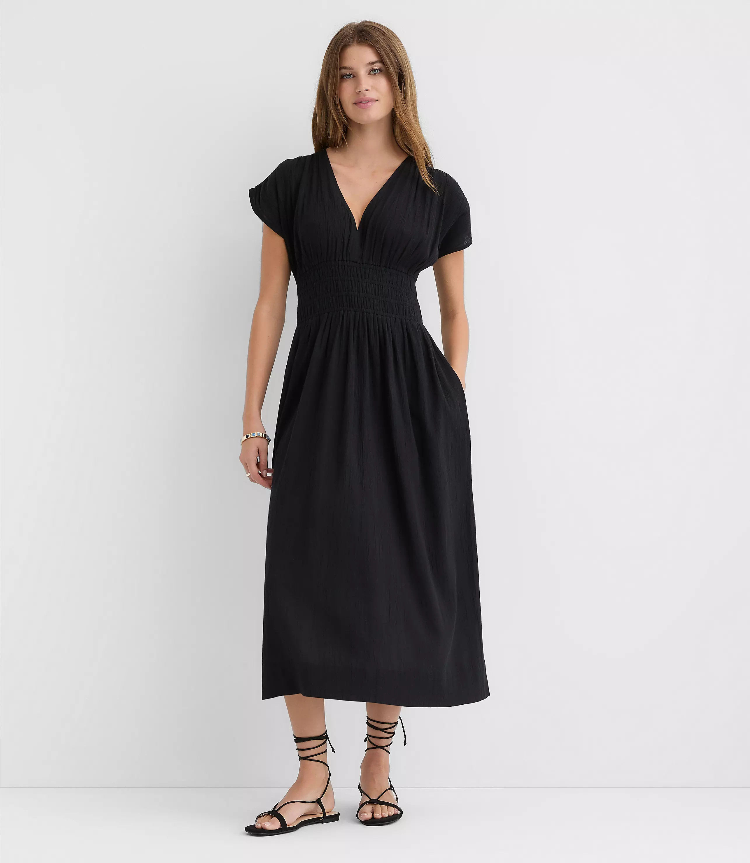 LOFT Beach Crinkle Smocked Midi Pocket Dress | LOFT