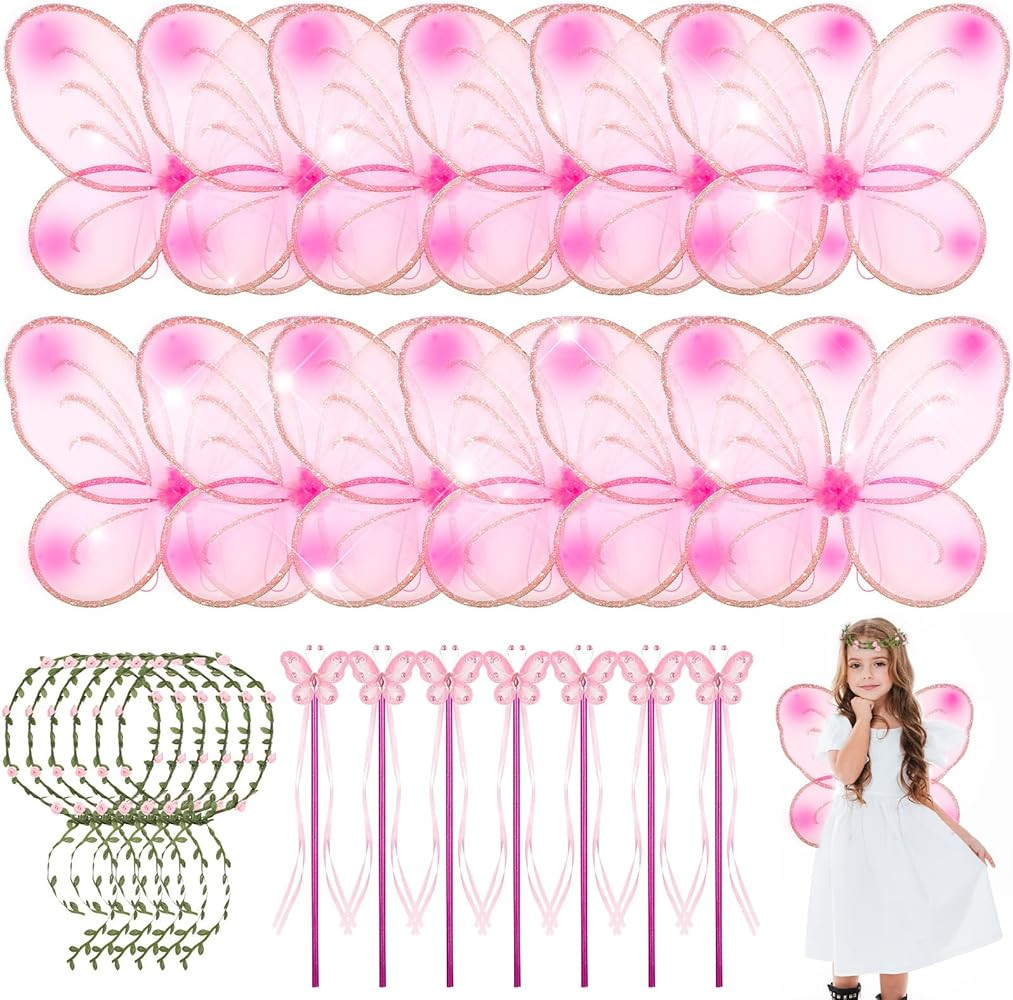 12 Sets Fairy Wings Butterfly Wings Costume Princess Wreath Fairy Wands for Wedding Birthday Cosp... | Amazon (US)