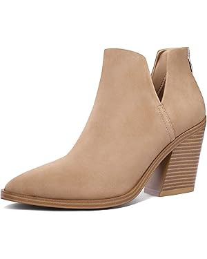 mysoft Women's Ankle Boots Slip on Cutout Pointed Toe Chunky Stacked Mid Heel Booties | Amazon (US)