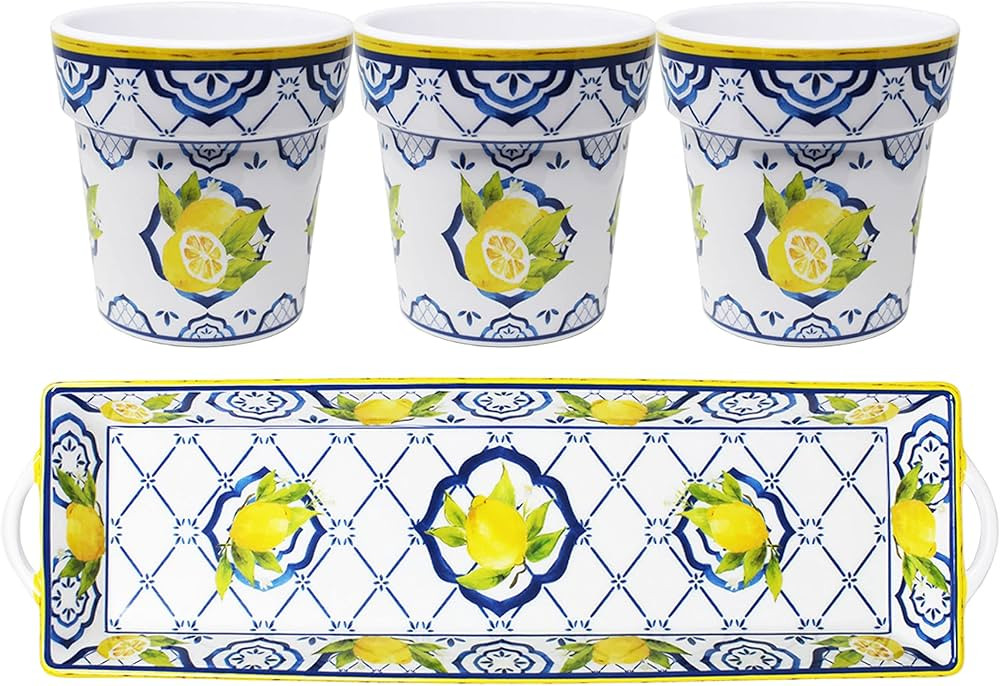 Le Cadeaux 3 Small Melamine Herb Pots and Coordinating Handled Tray, Palermo | Amazon (US)