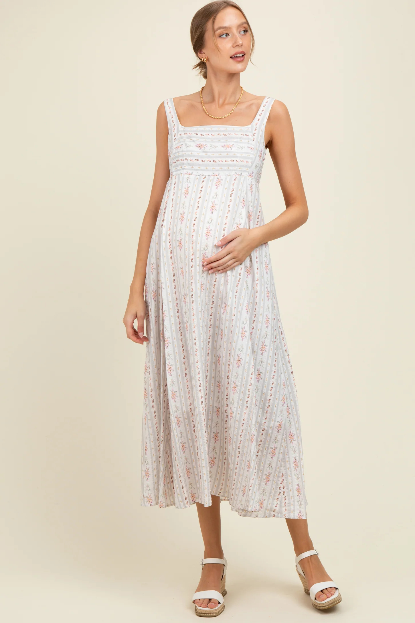 Light Gray Cotton Floral Square Neck Sleeveless Maternity Maxi Dress | PinkBlush Maternity