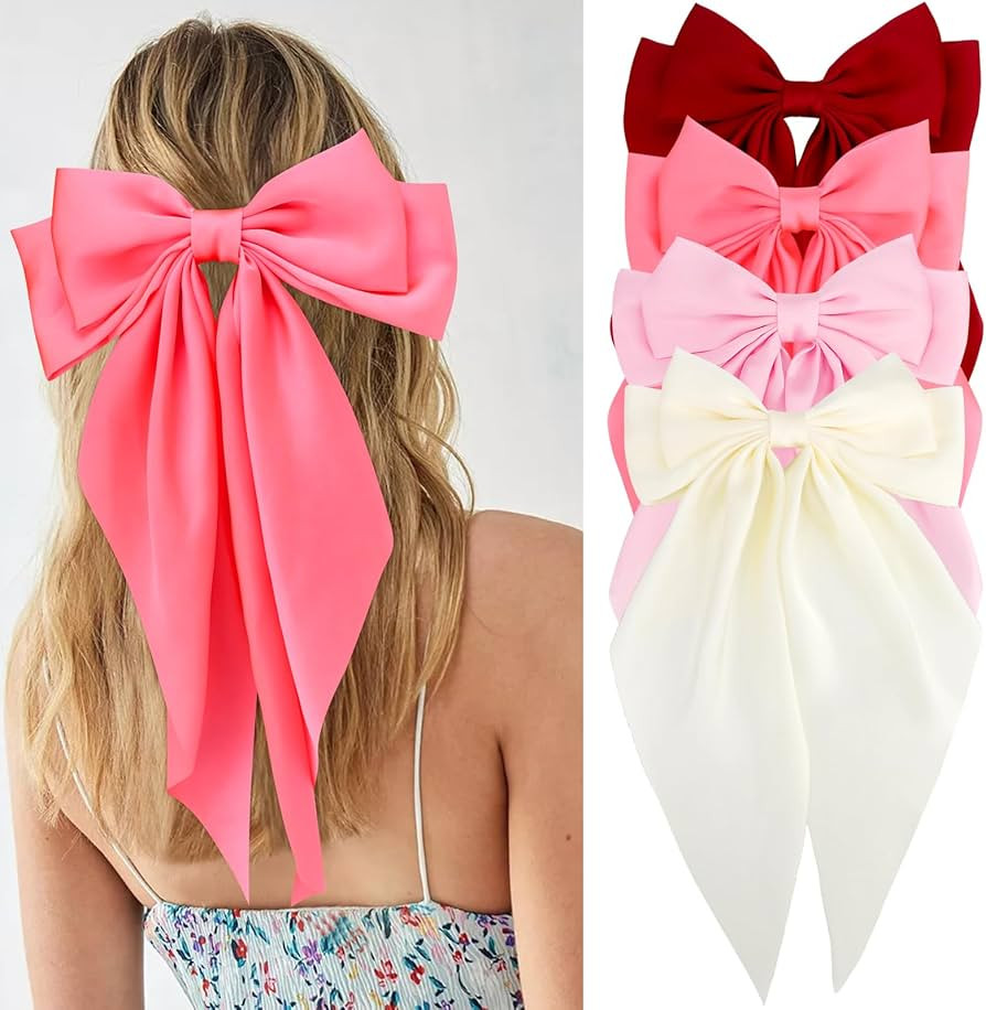 Velscrun Hair Bows for Women Girls 4Pcs White Silky Hair Bow Pink Satin Large Coquette Bow Red Bi... | Amazon (US)