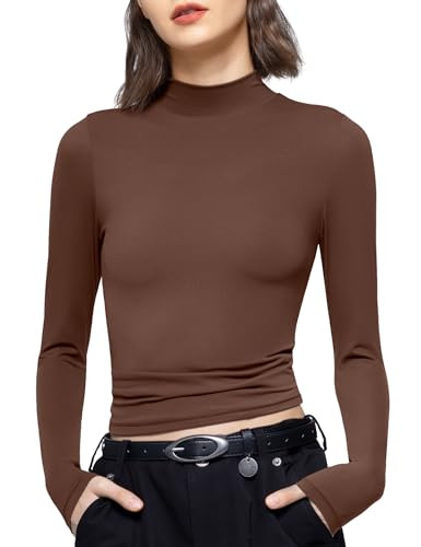 PUMIEY Women's Long Sleeve T Shirts Mock Turtleneck Slim Fit Tops Sexy Basic Tee Smoke Cloud Pro ... | Amazon (US)