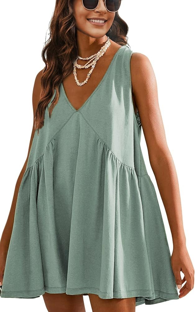 Aedceal Womens Summer Mini Dress V Neck Sleeveless Tunic Beach Pleated Sundress with Pockets(Teal... | Amazon (US)