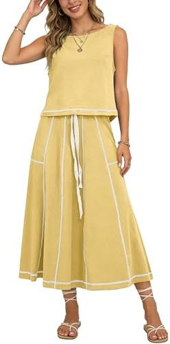 Women’s 2 Piece Cotton Skirt Set Sleeveless Draped Tank Top Drawstring Midi Skirt Y2K Lounge Ou... | Amazon (US)