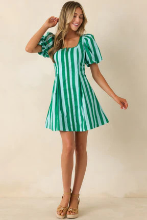 Stripe It Lucky Green & Mint Cotton Puff Sleeve Mini Dress | Red Dress