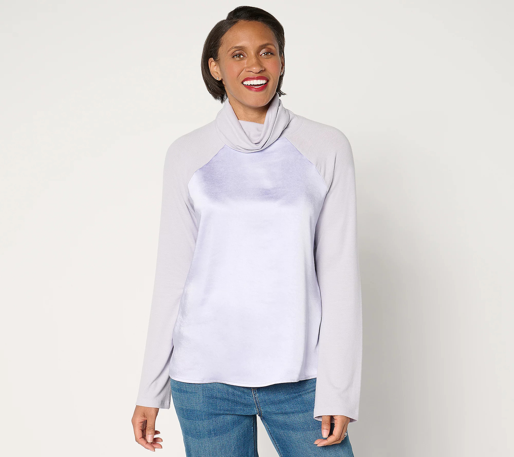 Peace Love World Mixed Media Raglan Sleeve Turtleneck Top | QVC
