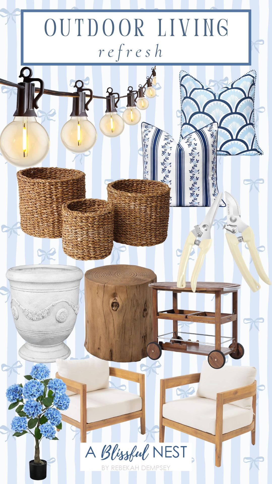 Loving this mix of woven textures, soft blues, and relaxed outdoor style. Grab your picks.

outdoor string lights, coastal patio lumbar pillow, blue floral coastal pillow, seagrass small round baskets, garden shears, urn planter, faux wood stump side table, wood bar cart, outdoor club chair with cushions, blue artificial hydrangea flowers. 

 #LTKHome