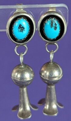 Sterling Silver Old Pawn Turquoise Squash Blossom Earrings Pierced Unsigned 1.5" | eBay US